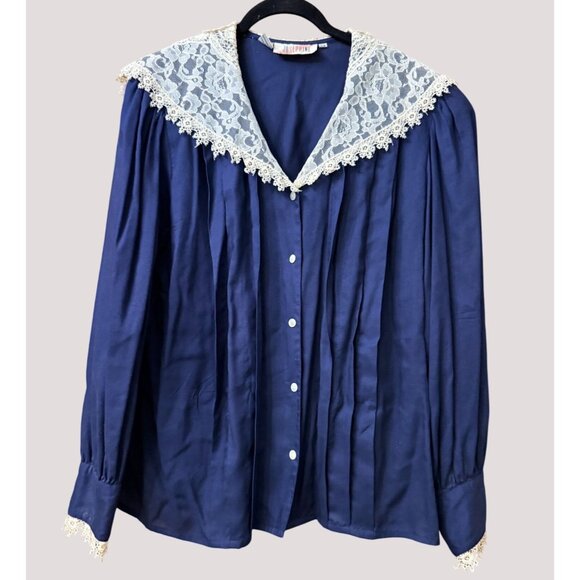 Josephine Woman Tops - Vintage Josephine Plus 18W Navy Blue Blouse With Lace & Shoulder Pads Pearl